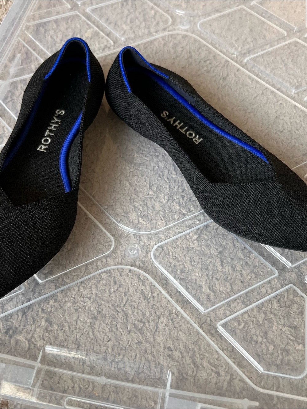 Rothy's The Point Black Flats with Blue Trim Size W7 Washable Minimalist Luxury